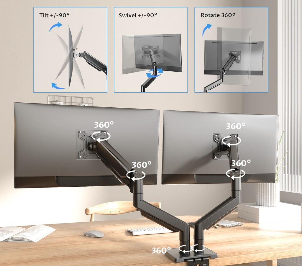 SUPPORT DOUBLE ECRANS 23 & 24 pouces Laminé À froid En Acier Mouvement Moniteur De Bureau Stand