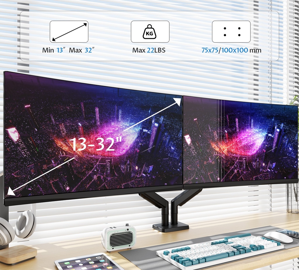 SUPPORT DOUBLE ECRANS 23 & 24 pouces Laminé À froid En Acier Mouvement Moniteur De Bureau Stand