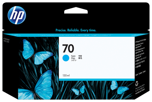 HP 70 130-ml Cyan DesignJet Ink Cartridge, Rendement standard, Cyan, Encre à pigments, 130 ml, 1 pièce(s)