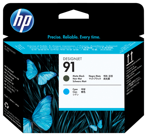 HP 91, HP DesignJet Z6100 Printer series, Noir mat, Cyan, C9460A, Singapour, 28 mm, 143 mm