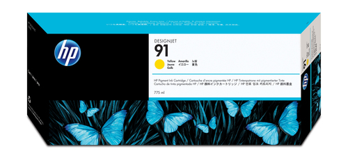 HP 91 775-ml Yellow DesignJet Pigment Ink Cartridge, Rendement standard, Jaune, Encre à pigments, 775 ml, 1 pièce(s)
