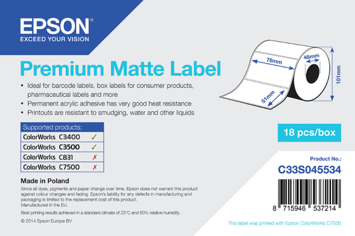 [C33S045534] Epson Premium Matte Label, Blanc, Jet d'encre, Acrylique, Permanent, Mat, - Epson TM-C3400BK - Epson TM-C3400-LT - Epson ColorWorks C7500G - Epson ColorWorks C7500 -...