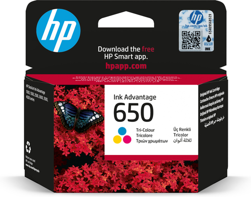 [CZ102AE] HP 650 Tri-color Original Ink Advantage Cartridge, Rendement standard, Cyan, Magenta, Jaune, Encre à colorant, 1 pièce(s), 200 pages