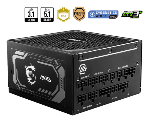 [306-7ZP9A11-CE0] MSI MAG A1250GL PCIE5, 1250 W, 100 - 240 V, 50/60 Hz, Actif, 90%, Sur-courant, Sur-alimentation, Surtension totale, Surtension, Court-circuit, Sous-tension